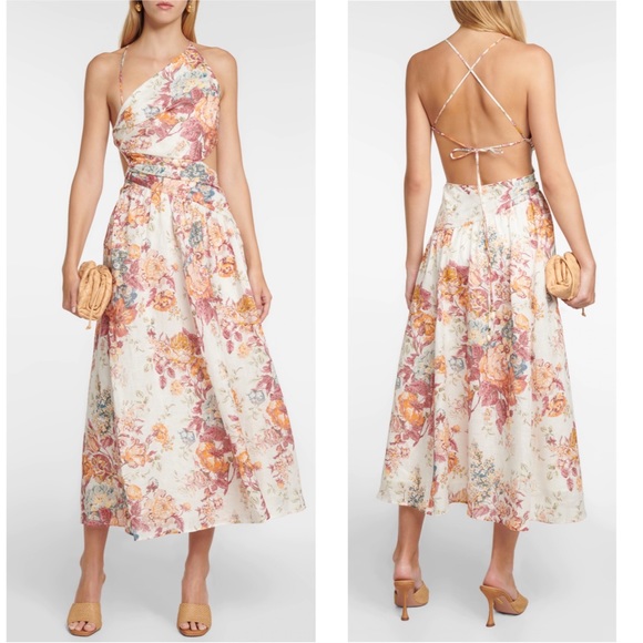 NWT Pattie Asymmetric Cut Out Linen Midi Dress in Cream Floral Size 8 - Picture 3 of 17